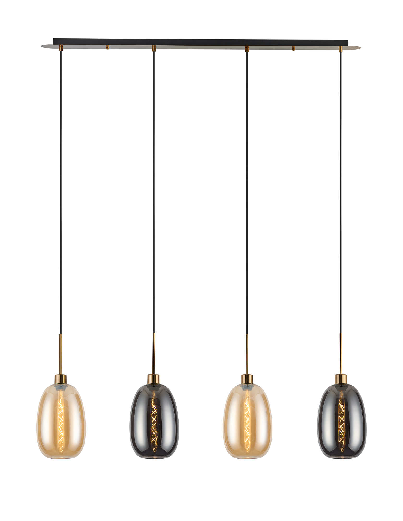 DK1222  Lori Linear Pendant, 4 Light Adjustable E27, Antique Gold/Amber/Smoke Slim Curved Trapezium Shades